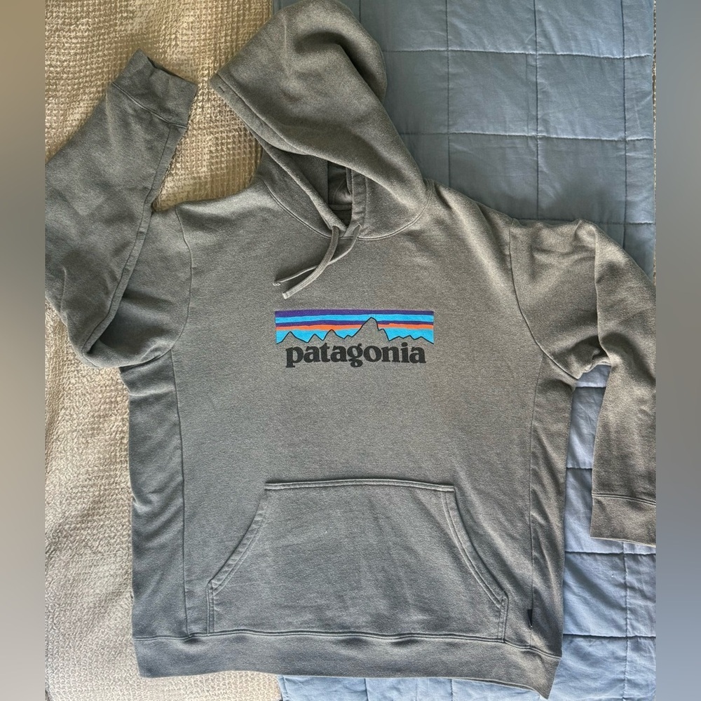 Patagonia P6 Logo Hoodie Men’s XXL Gray Pullover Sweatshirt Recycled